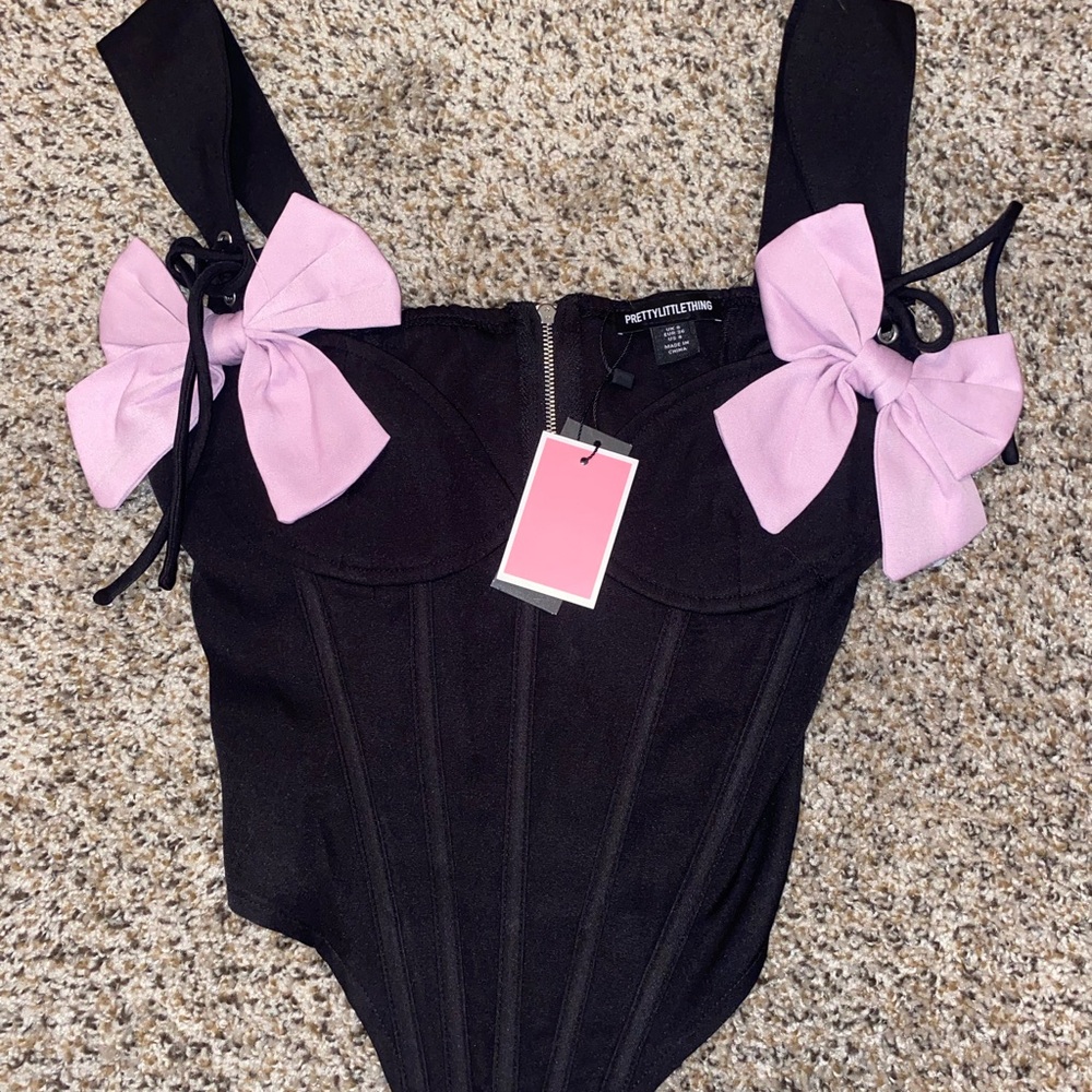 PrettyLittleThing Black Bodysuit with Lavender Bows